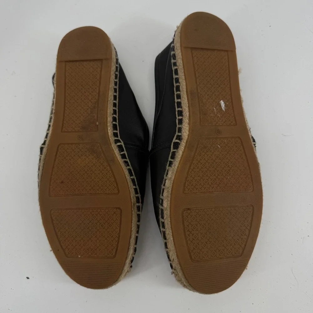 Tory Burch Ines Perforated Logo Espadrille Flats Size 7.5 Black Leather Jute